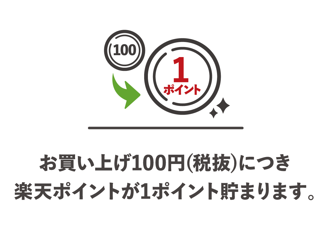 お買い上げ100円(税抜)につき楽天ポイントが1ポイント貯まります。